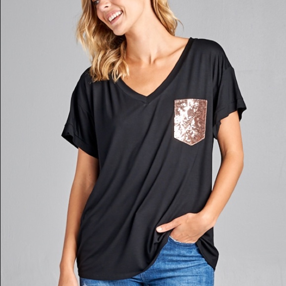 Sequined Pocket V Neck